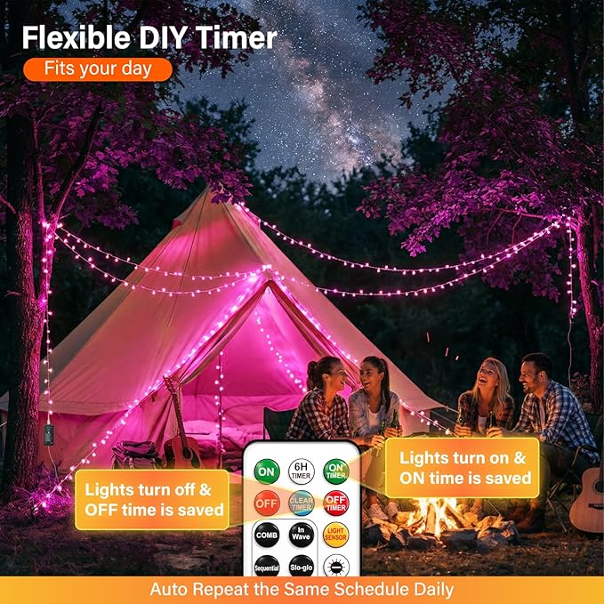 ZSJWL Rechargeable Fairy Lights with Remote，66ft 200 LED Outdoor Battery String Lights with DIY Timer & Light Sensor, Waterproof Dimmable Twinkle Light for Tree Christmas Indoor, Pink