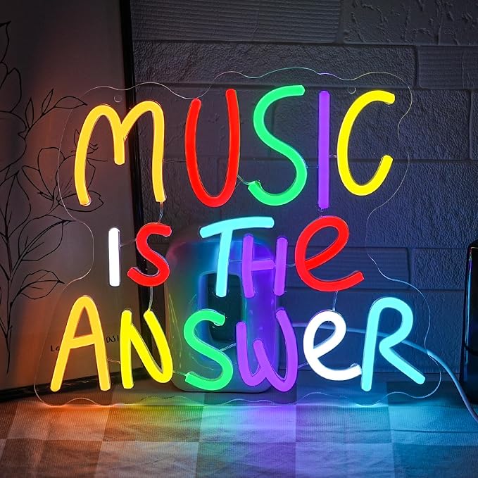 Music Is The Answer Neon Sign for Wall Decor Live Music Neon Light Colorful Letter Neon Light Sign Dimmable LED Word Light Sign for Studio Concert Home Party Bar Kidsroom Bedroom