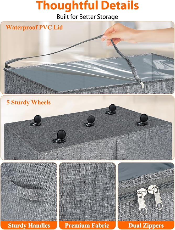 punemi 10 inch Tall Under Bed Storage Bins with Wheels, 2-Pack, Gray | Clear Lids, 5-Wheel Rolling Organizers for Clothes, Shoes and Blankets, Underbed, Closet & Dorm Organizataion