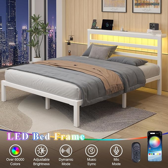 LOEWAY Full Size Metal Bed Frame with Storage Headboard & LED Lights, White | Built-In Charging Station, Under-Bed Storage, Heavy Duty Metal Slats, No Box Spring Needed, Solid and Stable, Easy Assembly