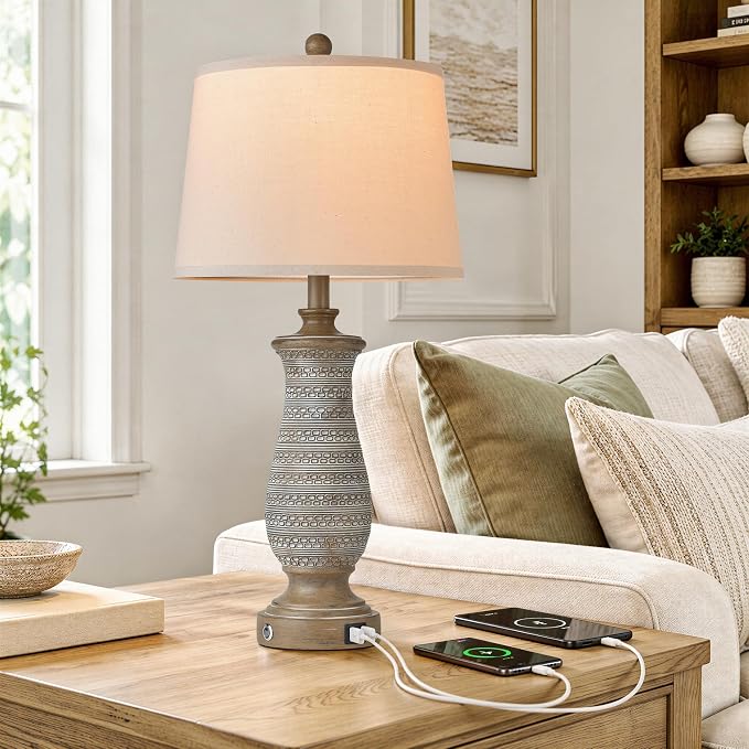 Living Room Lamps Set of 2, Table Lamps for Bedroom, Farmhouse Lamps for Nightstand with Oatmeal Linen Lampshade (Wood Grain-2)