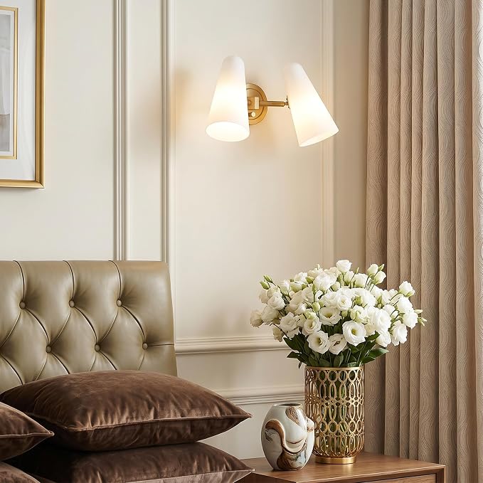 Modern 2-Lights Wall Sconces Lighting with Rotatable Frosted Milk White Glass Dimmer ON/Off Switch Gold Brass Bathroom Vanity Light Fixtures Indoor Wall Light for Mirror Living Room Bedroom