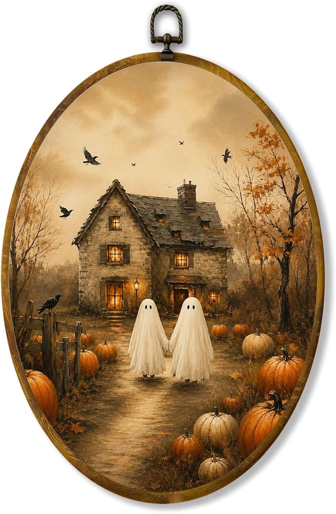 Ghost Cottage Oval Wall Art, Framed Canvas Decor, 8.5x11.5 Inch | Two ghosts walking to a pumpkin cottage, autumn trees and crows Halloween decor