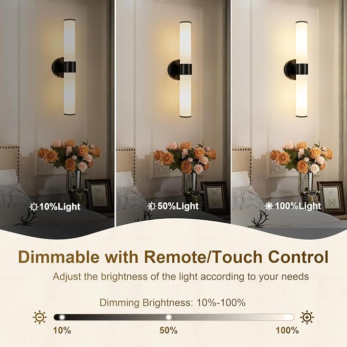 Morauroral Black Battery Operated Wall Sconces Set of 2, Rechargeable Wall Lights with Remote, 20 Inch Modern Cordless Wall Lamp for Bedroom, Living Room with White Shade (Bulbs Included)