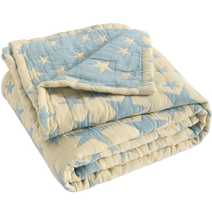NTBAY 3 Layer Oversized Muslin Toddler Blanket, 45 x 60, Blue Yellow Star | Muslin Cotton Outer Layers with Light Thermal Fiber Fill, Reversible Blanket for Daycare, Travel, Naps, and Supervised Use