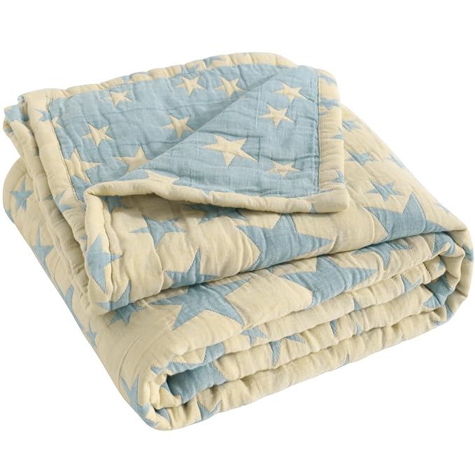 NTBAY 3 Layer Muslin Toddler Blanket, 30 x 40, Blue and Yellow Star | Breathable Muslin Cotton Outer Layers with Light Thermal Fill, Reversible for Stroller, Daycare, Travel, and Supervised Use
