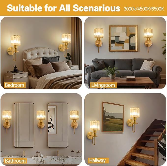 Battery Operated Wall Sconces Set of 2, Gold Crystal Wall Lights | 5200mAh rechargeable wall lights with magnetic bulbs, remote control, 15 colors, 10-level dimming and timer for bedrooms