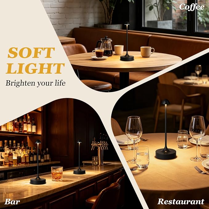 Cordless Rechargeable Table Lamp, Battery Operated Desk Lamp, Black, 2 Pack | Wireless Night Light, 3 Color Modes, Stepless Dimming, Portable LED Lighting for Dining Room, Restaurant, Bedside, Kitchen