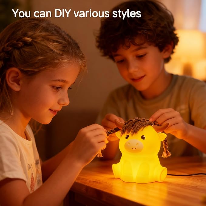 Led Cute Highland Cow Night Light, Dimmable Timer Nursery Kawaii Lamps, Super Squishy Silicone USB Rechargeable Touch Control Night Lamp, Used for Camping Party Room Decor (Highland Cow)