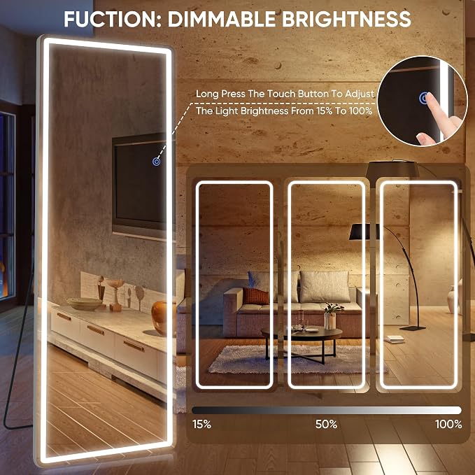 Antok LED Full Length Mirror with Light, 76"x34" Lighted Full Body Mirror with Stand, Dimmable & 3 Color Lighting Standing/Leaning/Wall Mounted Vanity Mirror for Bedroom Cloakroom Livingroom(Rect)