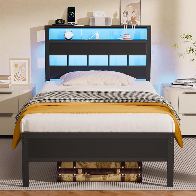 Twin Bed Frames with Charging Station and LED Lights, Black Oak | Heavy Duty Metal Slats Support, 2-Tier Wood Shelf Storage Headboard,USB & Type-C Ports,Noise-Free,No Box Spring,Easy Assembly