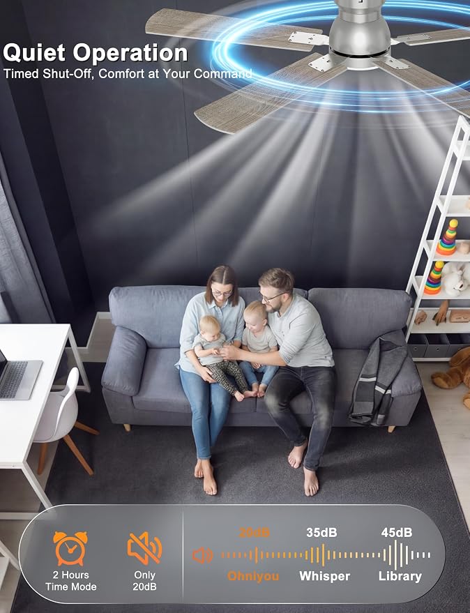 Ohniyou 52'' Silver Low Profile Ceiling Fan with Lights, Remote/APP Control | Flush Mount, Dimmable 3CCT LED, Quiet Reversible DC Motor; Memory Function, 5475 CFM, for Bedroom Living Room Kitchen