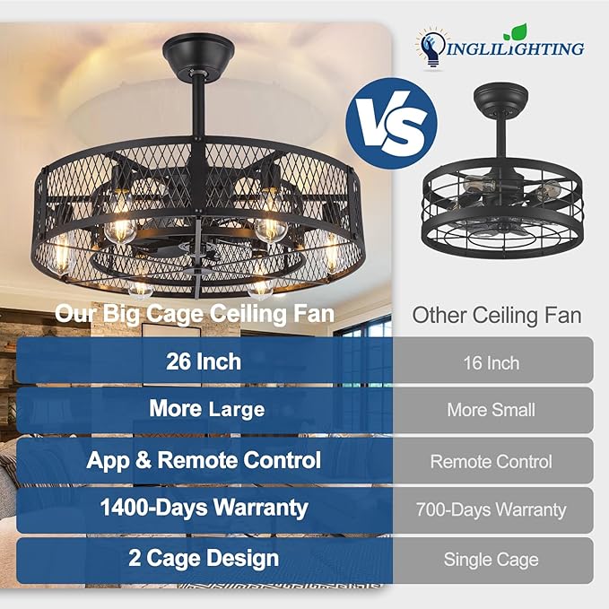 DLLT Caged Ceiling Fan with Lights: 26" Bladeless Fandelier Ceiling Fans with Light and Remote - Black Industrial Chandelier Enclosed Fan Light for Bedroon Living Dining Room Kitchen