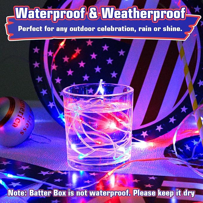 Red White and Blue Fairy Lights Battery Operated, 4th of July Lights with Timer 16.4ft 50LED for 4th of July Independence Day Memorial Day Decorations