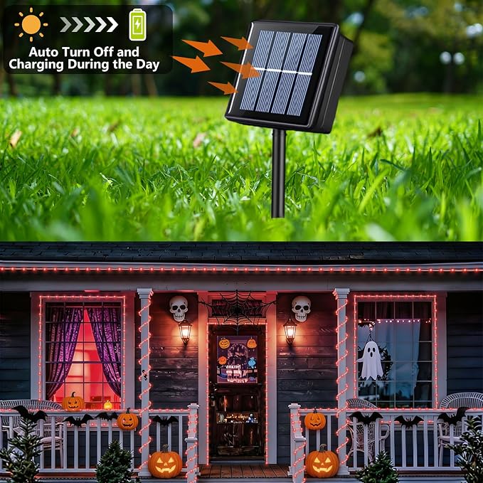 YEGUO Solar Halloween Lights, 2 Packs Each 33ft 100 LED String Lights Outdoor Waterproof, 8 Modes Fairy Lights in Clear Thin Tube for Camping Fence Patio Garden Trampoline Deck(Red)