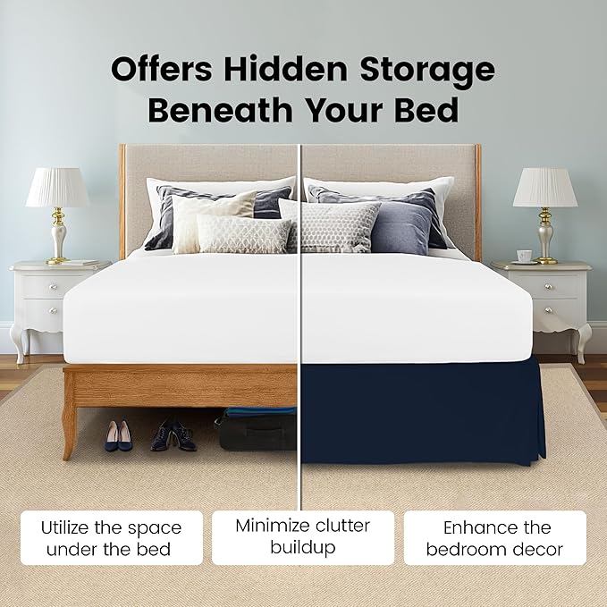 Queen Bed Skirt, Hides Under-Bed Storage 16 Inch Drop, Pleated, Navy | Easy Fit Design, Shrinkage & Fade Resistant, Hotel Style, Microfiber Durable Fabric, Machine Washable