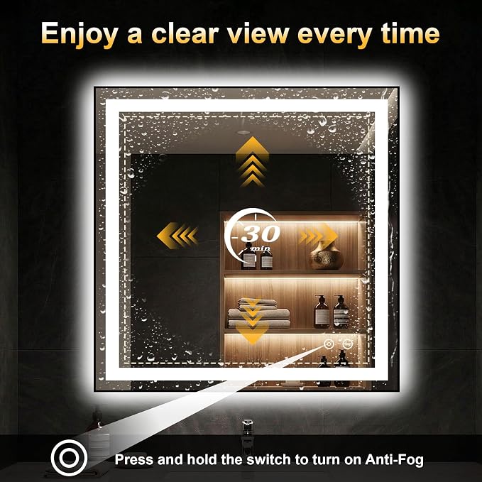 LED Bathroom Mirror with Light, 30x30 Vanity Mirror for Wall with Frame | Anti-Fog, Dimmable 3 Colors, Memory Function, Backlit and Front Lit, Shatter-Proof Glass, Plug-in/Hardwired