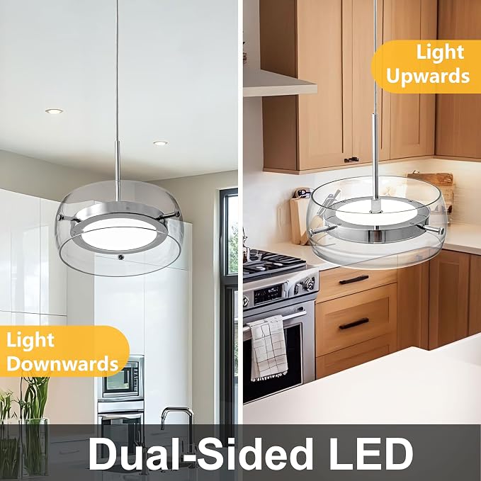 3-Modern Pendant Lights Kitchen Island, Dual-Sided LED 3-CCT Dimmable Glass Hanging Lighting Fixture, Adjustable Cable for Dining Room, Bar, Over Table, Sloped Ceiling Chrome Silver