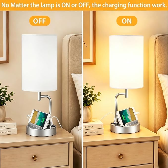 Dreamholder Touch Control USB Table Lamp with USB C/A & AC Outlet, 3-Way Dimmable Bedside Lamp, Modern Nightstand Lamps for Bedroom Living Room Guest Room Office, Bulb Included, Silver