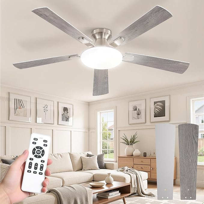 52 Inch Ceiling Fan with Lights and Remote, 30W 12" LED Panel Flush Mount Ceiling Fan, 6-Speed Quiet DC Motor Modern Low Profile Ceiling Fan with Reversible Blades for Bedroom, Living Room, Patio