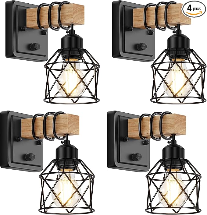 FadimiKoo Farmhouse Wall Sconces 4 Pack, Bedside Wall Lamps with Dimmer ON/Off Switch, Black Wall Light Fixtures with Metal Cage, Rustic Wooden Sconces Wall Lighting for Living Room, Hallway, Bathroom