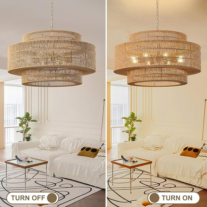 31.5"Large Boho Rattan Farmhouse Chandeliers for Dining Room,8-Light Rattan Hand-Woven Rustic Drum Chandelier Pendant Light Fixture for Kitchen Island Bedroom Living Room Entryway Foyer(Brown)
