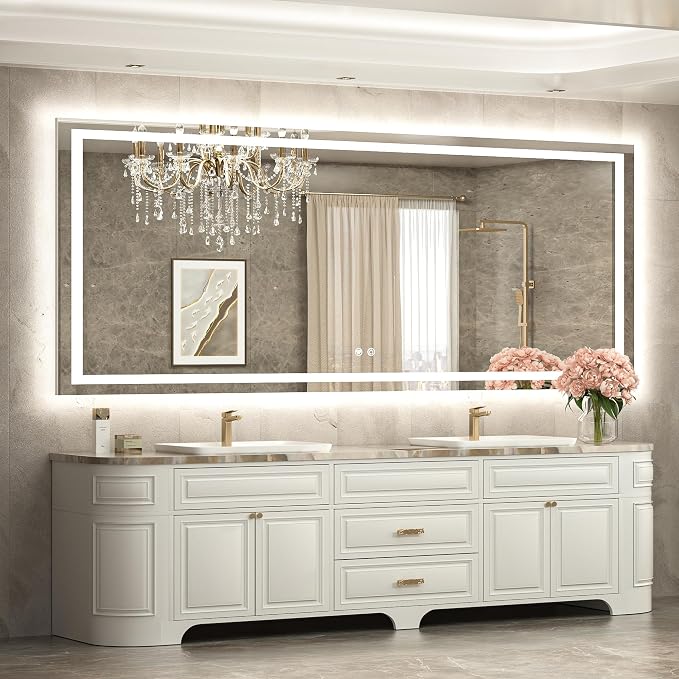 84 x 36 LED Bathroom Mirror with Lights, Brighter Front and Backlit Led Lighted Vanity Mirror Wall Mounted, 3-Color Dimmable Light up Anti Fog Mirror, Waterproof, Shatterproof Tempered Glass