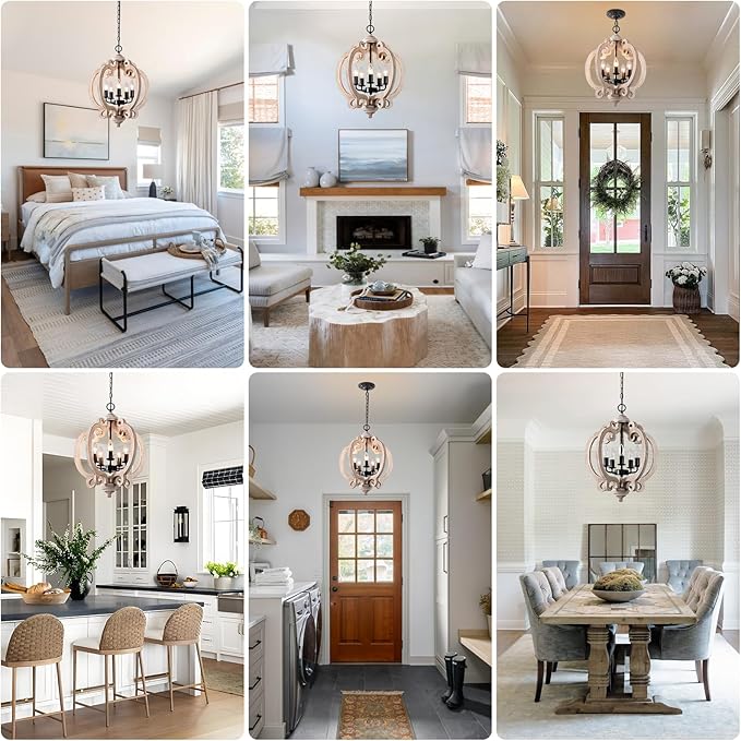 5-Light White Farmhouse Wood Chandelier, Rustic Dining Room Light Fixture with Adjustable Chain, Easy Assembly for Kitchen Island, Bedroom, Entryway, Living Room