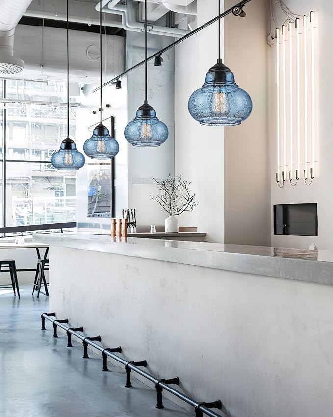 ELYONA 8 Inch Pendant Light for Kitchen Island Modern Blue Hand Blown Bubble Glass Pendant Lighting Hanging Light fixtures for Dining Room Bar Bedroom Living Room
