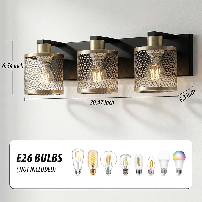Bathroom Light Fixtures Black and Gold Vanity Lights 3 Lights Farmhouse Bathroom Vanity Light Vintage Design Wall Sconces Lighting for Mirror Attic Corridor Cellar Wall Lamps