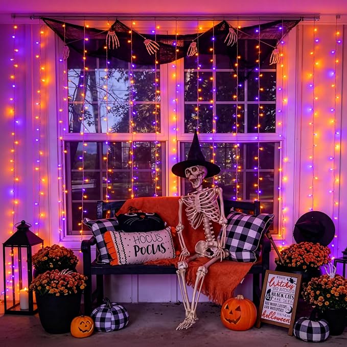 JMEXSUSS 200 LED USB Plug in Orange and Purple Halloween Lights | 6.5ft x 6.5ft, 8 Modes Curtain Halloween Lights with Remote, Curtain String Lights for Party Bedroom Window Halloween Decor