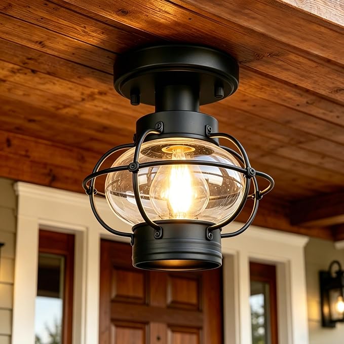 Porch Ceiling Light, Farmhouse Industrial Flush Mount, Glass Globe E26 | Indoor & outdoor use. For hallway, bedroom, balcony, stairway. Sturdy metal, hardware included, easy install.