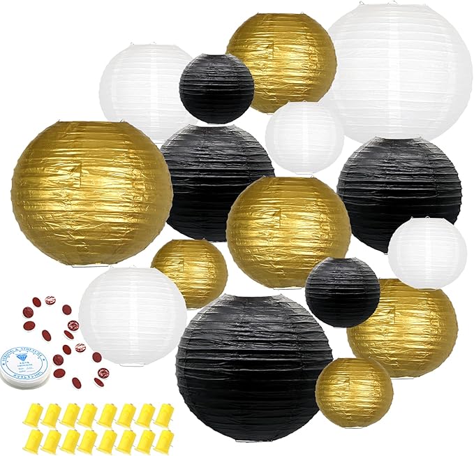 ADLKGG Paper Lanterns Decorative, Black Gold Chinese Paper Lanterns Ceiling Party Decorations with Lights for Graduation Anniversary Engagements New Years Eve Party 2026，16pcs