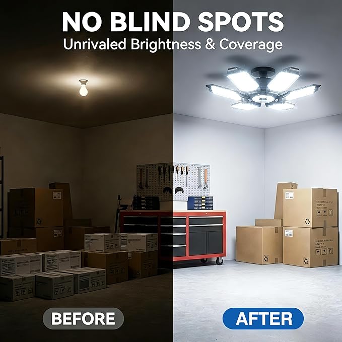 BRAINIAC 100W LED Garage Lights, 10000LM Super Bright Shop Lights with 6 Adjustable Panels, Deformable Garage Ceiling Light Bulb for Workshop, Barn, Basement, Warehouse (2 Pack