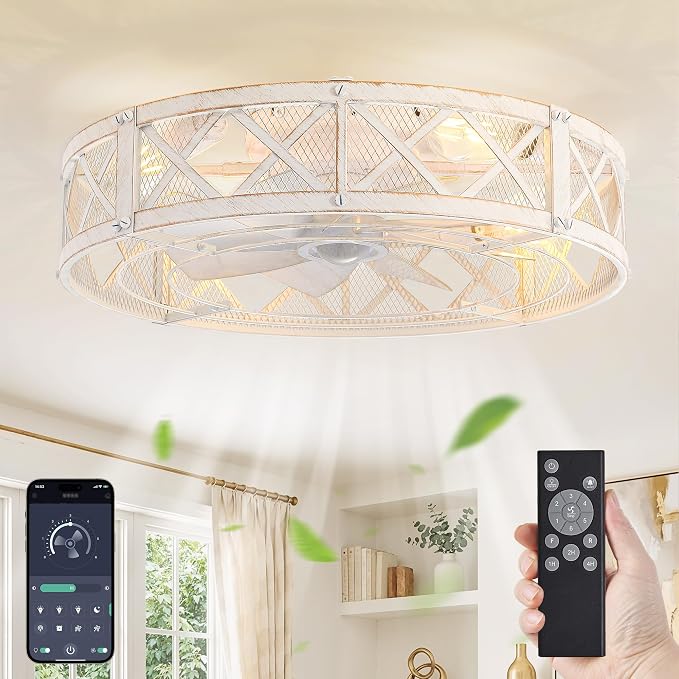 LEDIARY 23" Caged Farmhouse Ceiling Fan with Light, Flush Mount, White Gold | Remote&APP Control, Large Low Profile, Rustic Fandaliers, Industrial Bladeless Enclosed, Powerful Motor for Bedroom, Kitchen