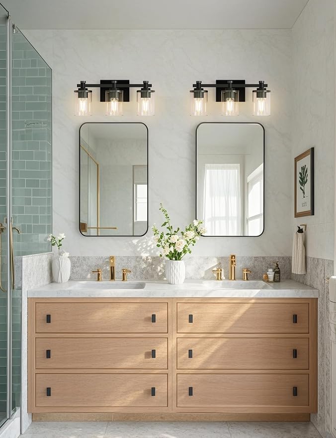 Bathroom Light Fixture, Bathroom Vanity Light Over Mirror, 3-Lights | Vanity Lights for Bathroom, Modern Lighting Fixtures with Clear Glass Shade, Black Vanity Lights, ETL Listed, 17inch