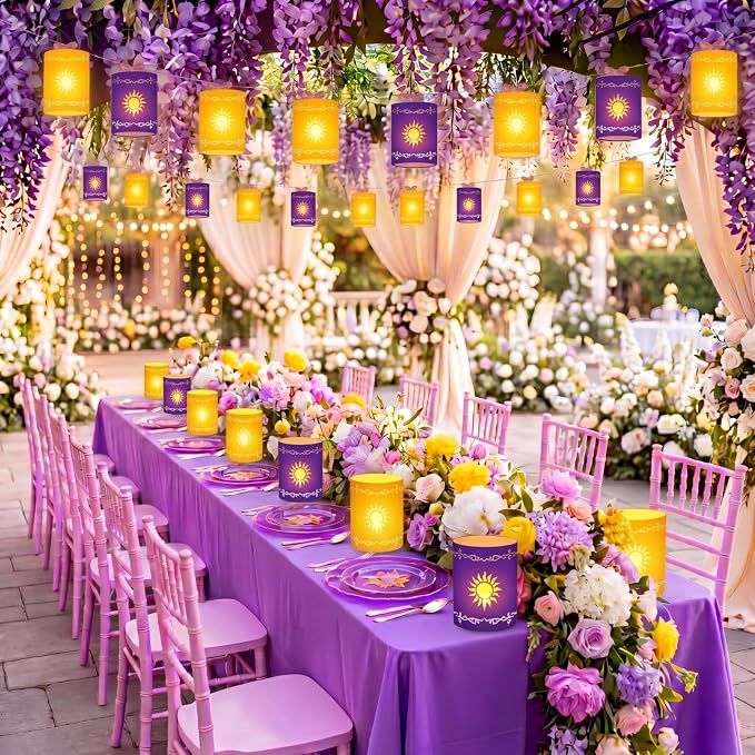 Fuyoooo 20 Set Paper Sun Lantern with LED Candles for Centerpieces LED Tea Lights with Paper Bags Battery Operation for Princess Wedding Party, Halloween, Christmas Decoration(Yellow and Purple,Sun)