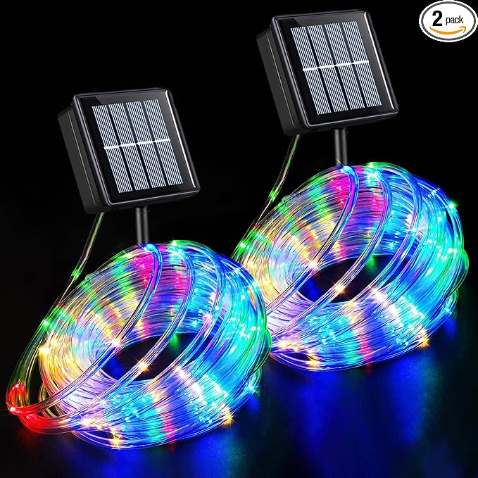 YEGUO Solar Rope Lights Outdoor Waterproof, 2 Packs Each 33ft 100 LED String Lights, 8 Modes Fairy Lights in Clear Thin Tube for Camping Fence Patio Garden Trampoline Deck(Multicolor)