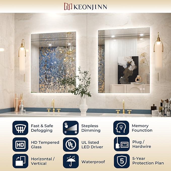 Keonjinn Bathroom Mirror with Lights 60 x 40 Inch, LED Mirror with Backlit, Anti Fog Lighted Mirror with Stepless Dimmable, UL Listed LED Driver, Waterproof, CRI90+, HD Tempered Glass