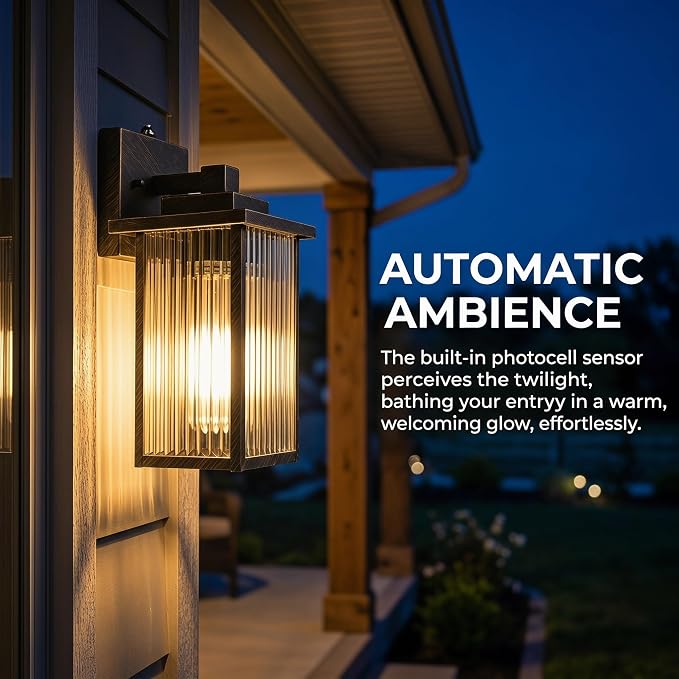 13" Black Brush Gold Dusk to Dawn Wall-Mounted Porch Light | Auto On and Off, Anti-Rust Metal Frame, Tempered Glass, E26 Socket, Easy DIY Install on Porch, Garage