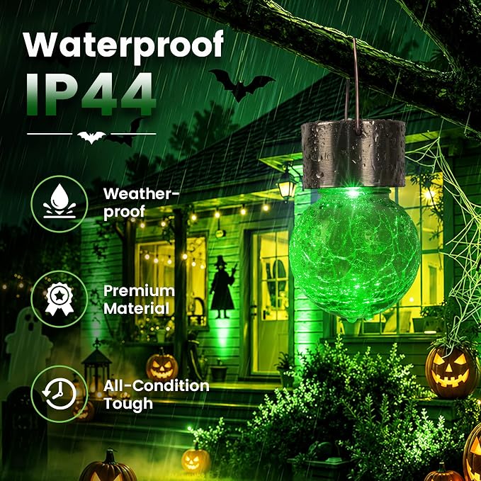 GIGALUMI Halloween Solar Lights Outdoor Solar Hanging Lanterns Outside 12PC | Green, Halloween, Solar Powered, Waterproof, Decorative, Crackle Glass, Graden&Tree Decoration, Gifts for Women, Ornaments