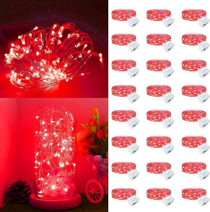24 Pack Fairy Lights Battery Operated, 7ft 20 LED 3 Modes Speed Twinkle Mini String Lights Waterproof Silver Wire Firefly Starry Lights for Mason Jars Wedding Party Christmas Decorations