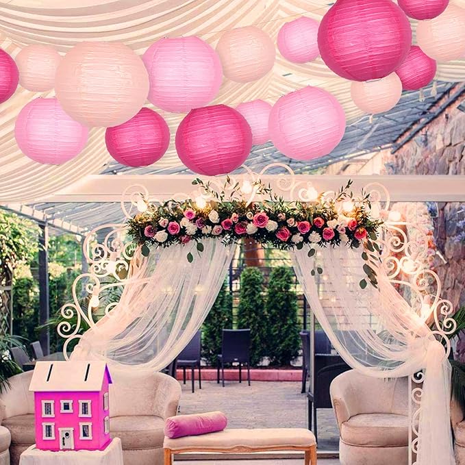 Hanging Paper Lanterns Decorative, Pink Chinese Paper Lanterns Ceiling Party Decorations with 16 LED Lights for Weddings Anniversaries Valentine's Day Bridal Shower Decorations, Pack of 16