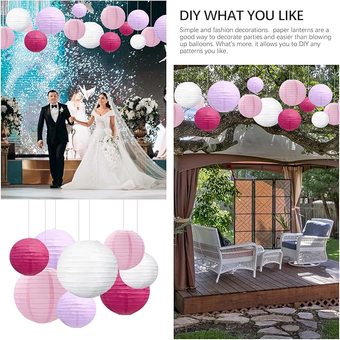 20Pcs Light Purple Rose Red Pink White Paper Lanterns for Parties, 6” 8” 10” 12” Chinese Asian Hanging Round Paper Lanterns for Birthday Wedding Halloween Christmas Home Decor Party Decor