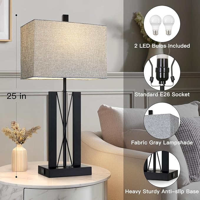 Lolikit 25" Table Lamps Set of 2, Modern Table Lamp for Living Room with 2 USB Charging Ports, Nightstand Geometric Industrial Bedside Lamp with Gray Shade for Bedrooms End Table Decor, Bulbs Included