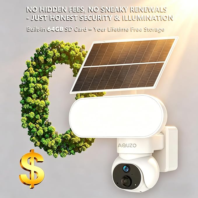 Solar Security Camera Wireless, 1500LM Floodlight & 2K PTZ | Color Night Vision, 64GB SD Included, 2.4G WiFi, Solar+Battery, AI Human Detection, 2-Way Audio, Siren Alarm, IP65 Waterproof