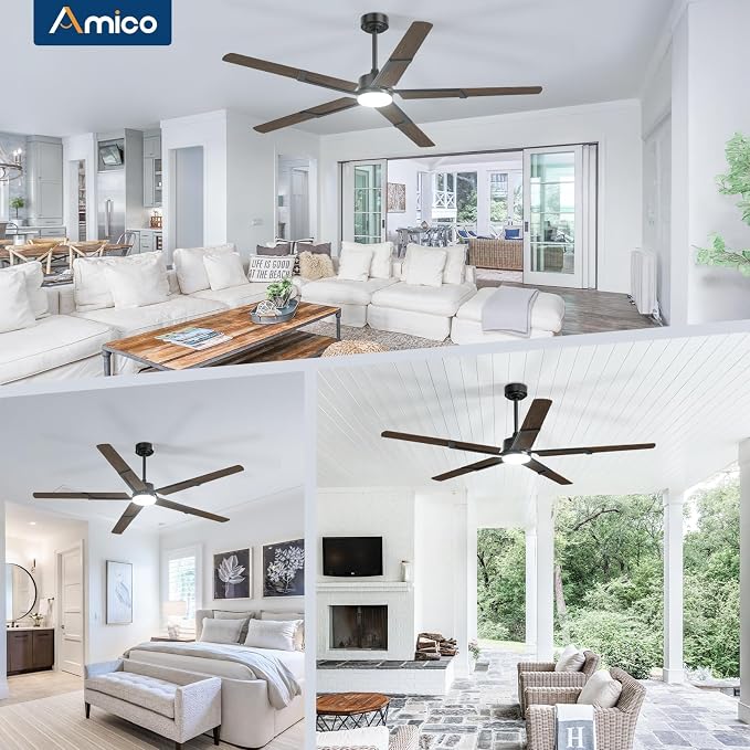 Amico 62 Inch Ceiling Fans with Lights and Remote, Walnut | 6 Speed Reversible DC Motor, 3CCT, Dimmable, Quiet, Timer, Large Modern Ceiling Fan for Living room, Indoor/Outdoor