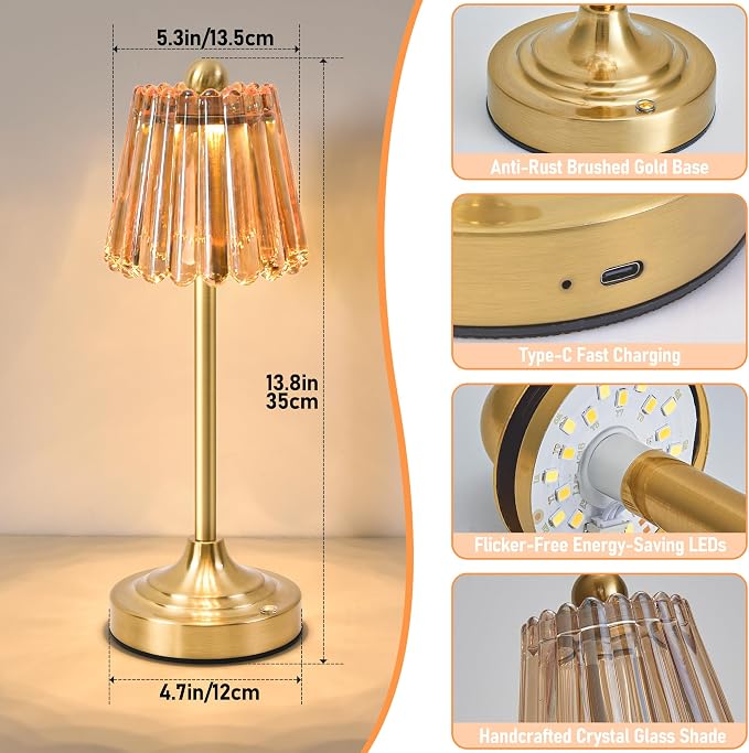 Small Vintage Cordless Table Lamp, Green Glass Shade, 3 Color Dimming,LED Touch Accent Lamp for Bedroom, Nightstand, Living Room, Kitchen(Amber)