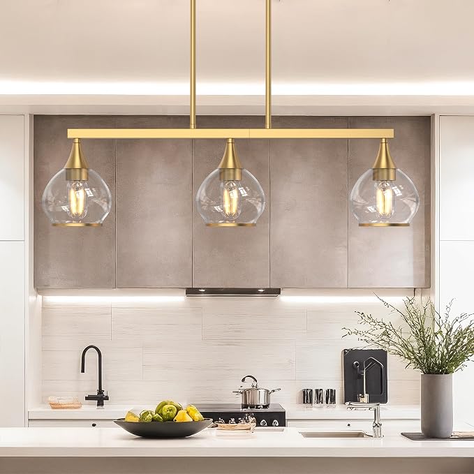 Kitchen Island Linear Pendant Light, 3-Light Gold Dining Room Chandelier with Clear Glass Globe Shades, Modern Linear Lighting Fixture Over Table