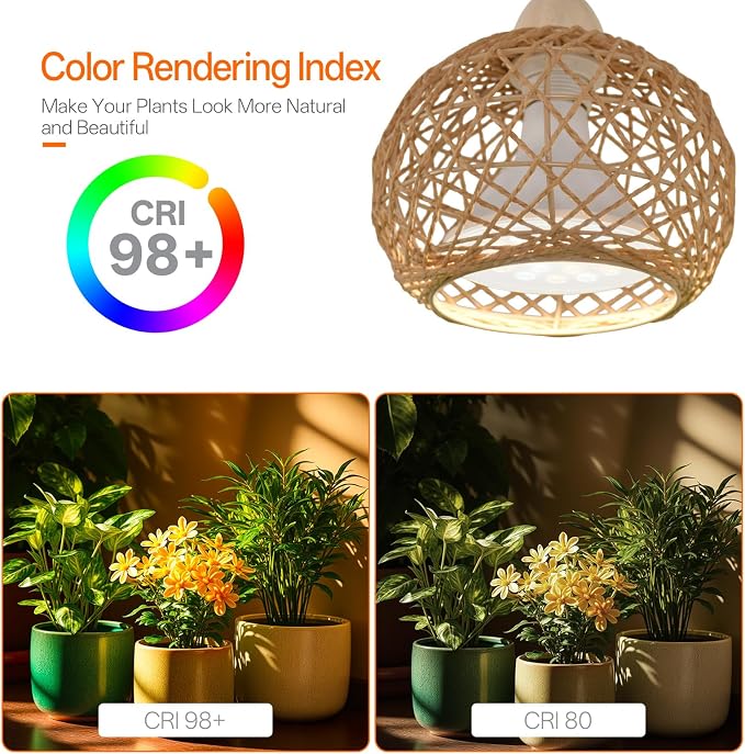 Hanging Grow Lights for Indoor Plants,3800K | 18W Wall-Mounted Decorative Grow Light with Boho Rattan Lantern Shade, 9.8FT Power Cord, for Indoor Plant Growing, Flowers